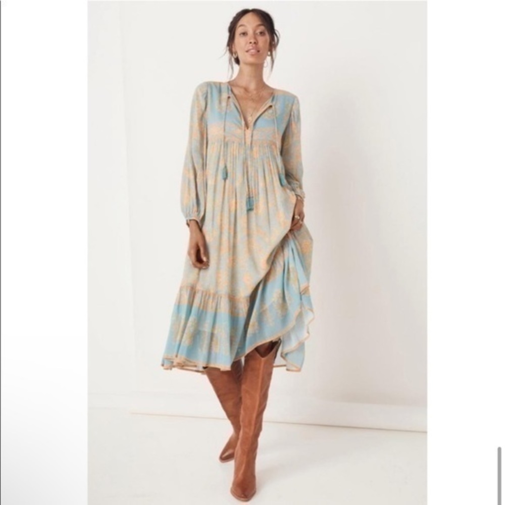 Spell Blue and Cream Ruched Ruffled Sundress